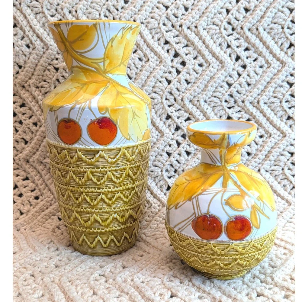 Vintage Italian FRATELLI FANCIULLACCI Pottery Vase Set Hand Painted Yellow Leaf